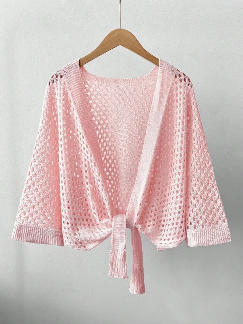 Pink Casual Women's Hollow V-Neck Tie-Up Loose Versatile Sexy Cardigan